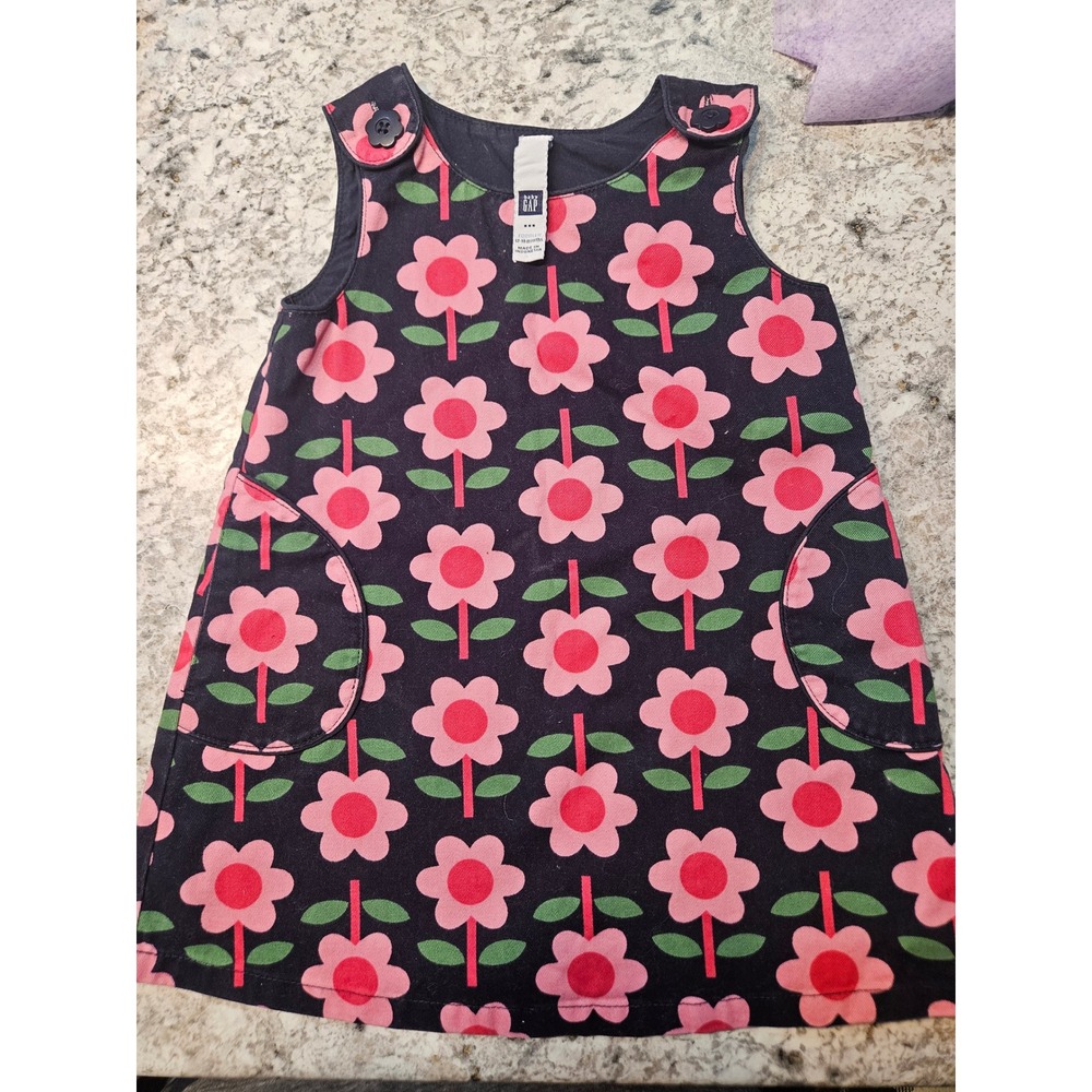 Gap Kids Dress Girls Navy Pink Floral Sleeveless Butt Shoulder Pocke Sz 12-18 mo